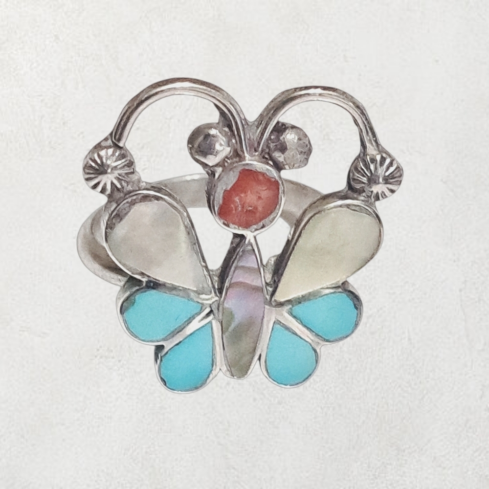 Zuni Sterling Silver Butterfly Inlay Ring – Turquoise, Coral, Mother of Pearl